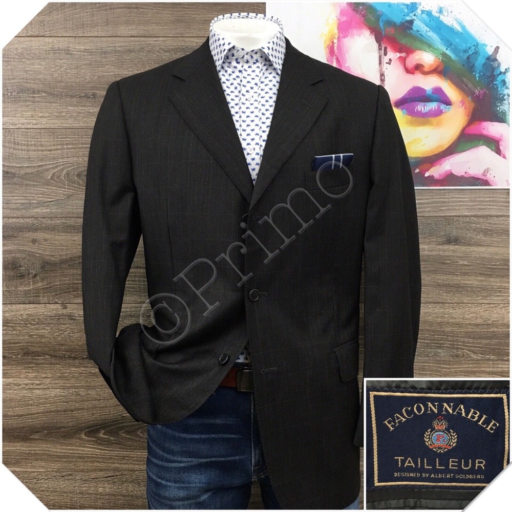 VINTAGE FACONNABLE Mens Blazer Sport Coat Casual Jacket Size 46L Wool‎ Suit